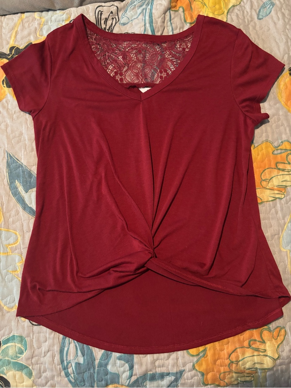 Arizona Jean Company Lace-Back Twist Front Short Sleeve Top - Burgundy